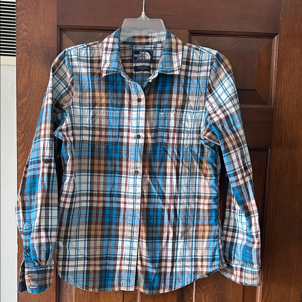 The North Face woman’s Blue Plaid Button-Up Shirt